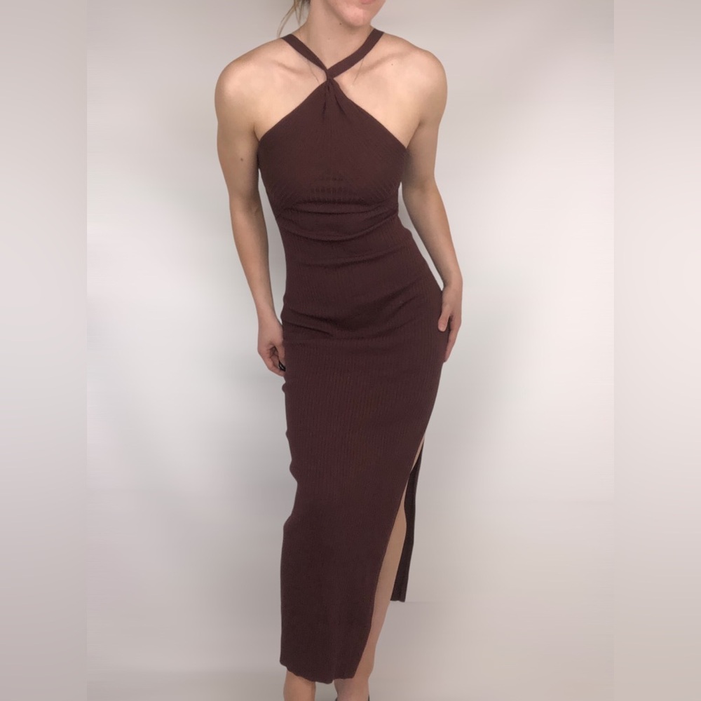MESHKI Halter Ribbed Side Slit Maxi Bodycon‎ Brown Dress Size S - Picture 2 of 7
